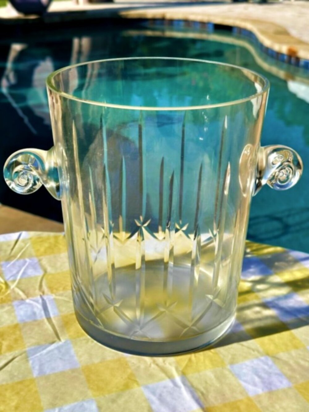 VTG Vertical Cut Glass Ice Bucket Wine Cooler Applied Scroll Handles 9" Barware